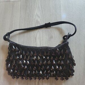 Bijoux Terner Black Satin Embellished Clutch Handbag With Beaded Strap